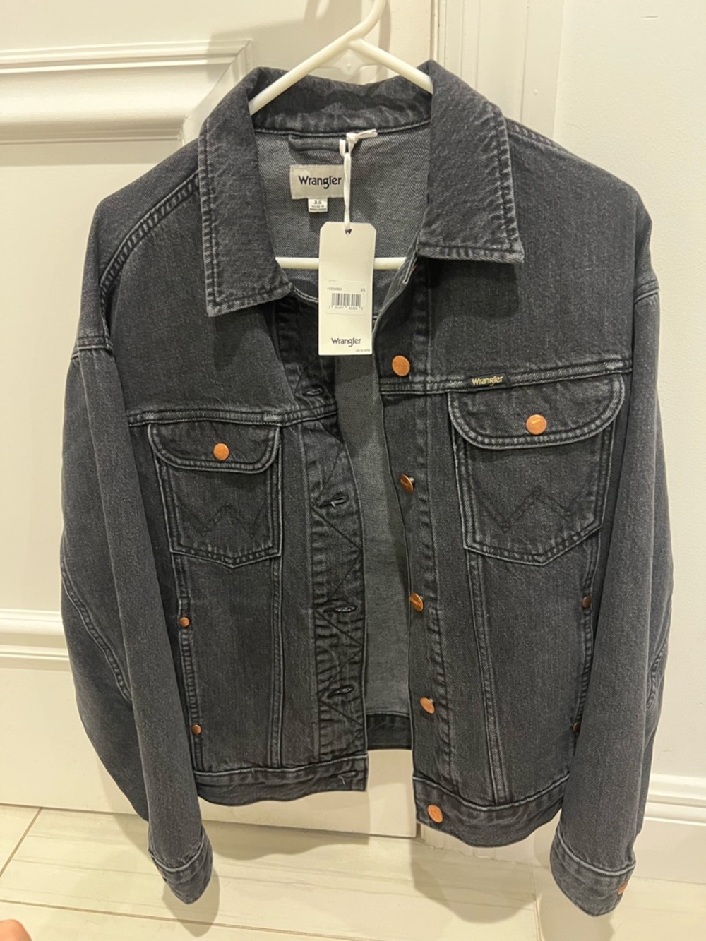 Over-sized Wrangler Charcoal Denim Jacket with Copper Buttons